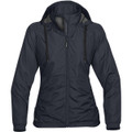A dark navy women's rain jacket featuring a hood, zip closure, and elastic cuffs, with a branded logo.