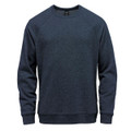 A navy blue fleece crew neck sweater with raglan sleeves and a logo on the front.
