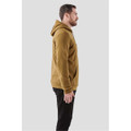 A men's fleece pullover hoody in a warm brown colour, featuring a hood and front pockets. It has a logo on the chest.