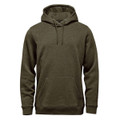 A green fleece pullover hoody featuring a front pocket and drawstring hood. It has a simple design with branding.