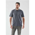 Men's short sleeve polo shirt in dark grey with a subtle texture and a left chest pocket. Features a logo.
