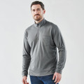 A grey men's pullover with a 1/4 zip and a chest pocket, featuring long sleeves and a logo.