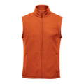 An orange fleece vest featuring a high collar and two front pockets, with a logo on the side.