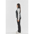A women's fleece vest in dark grey, featuring a hood and side pockets, worn over a long-sleeve top.