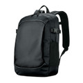 A sleek black backpack featuring adjustable straps and multiple compartments, complete with a logo.