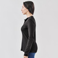 A black women's long-sleeve henley shirt, featuring a buttoned neckline and fitted silhouette.