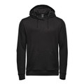 A black pullover hoody featuring a front pocket and a drawstring hood, with a logo on the chest.