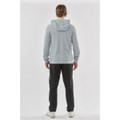 A grey pullover hoody with a hood, featured with a person wearing black pants, viewed from the back.