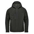 A green thermal shell jacket featuring a hood and zippered pockets, with a branding logo.