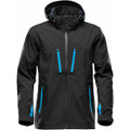 A black softshell jacket with blue zippered pockets and a hood, featuring a logo on one sleeve.