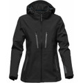 A black women's softshell jacket featuring a hood and zippered pockets, with a logo on the sleeve.