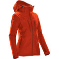 A women's jacket in vibrant orange, featuring a hood, zippered pockets, and a logo on the sleeve.