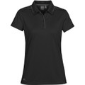 A women's black polo shirt featuring a collar, short sleeves, and a logo on the chest.