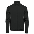 A black men's performance jacket with a high collar and full zip front, featuring long sleeves and a logo.