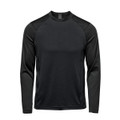 A long-sleeve crew neck shirt in dark green with contrasting sleeves. The shirt features a logo.