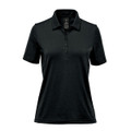 A black polo shirt featuring a collar, short sleeves, and a button placket. It has a logo on it.