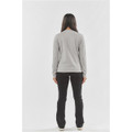 Women's long-sleeve tee in light grey, featuring a simple design and a logo. Shown from the back with black pants.