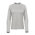 A long-sleeved women's tee in a light grey colour, featuring a rounded neckline and a logo.