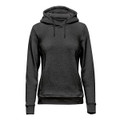 A women's dark grey fleece pullover hoody with a kangaroo pocket and a hood, featuring a logo.