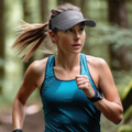 A grey sports visor worn by a woman in a teal tank top, running through a wooded area.