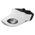 A black and white sports visor featuring a wide brim and an adjustable strap, with a logo displayed on the front.