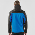 A hooded softshell jacket in blue and black, featuring a logo, viewed from the back.