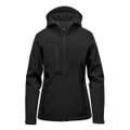 A black women's hooded softshell jacket featuring a front zipper and a chest pocket, with a logo on it.