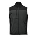 A men's softshell vest in green and black, featuring a zip front and side pockets, with a logo.