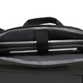 A black backpack interior featuring a sleek laptop compartment and grey lining. It includes a brand logo.