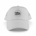 A white trucker cap featuring a circular logo and mesh panels for breathability.