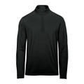 A black 1/4 zip pullover for men with long sleeves, featuring a collar and a logo on the sleeve.