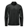 A black and dark grey men's knit jacket with a full zip and high collar, featuring logo branding.