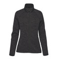A women's full zip fleece jacket in black, featuring a fitted design and a stand-up collar. Includes a logo.