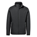 A black thermal jacket with a zip front and a stand-up collar, featuring a logo on the chest.