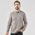 A long-sleeved grey men's polo shirt with a collar and buttons, featuring a logo.