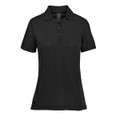A black women's polo shirt featuring a collar and buttons, with a logo on the side.