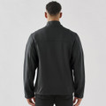 A black men's softshell jacket with a high collar, featuring a logo on the back.