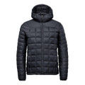 A puffer jacket in black, featuring a hood and a quilted design, with a zip closure and branding.