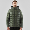 A green puffer jacket with a hood, featuring a quilted design and a front zip. Includes a logo.