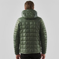 A men's puffer jacket in a muted green colour, featuring a hood and a quilted pattern on the back.
