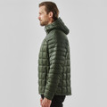 A men's puffer jacket in dark green with a hood, featuring a quilted design and a subtle logo.