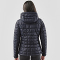 A women's puffer jacket in navy blue with a quilted design and a hood, viewed from the back.