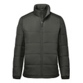 A dark grey puffer jacket with a high collar and zip front, featuring a logo on the side.