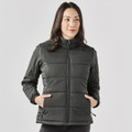 A women's puffer jacket in dark grey with a zip front, featuring side pockets and a high collar, with branding.