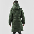 A green puffer jacket with a hood, featuring a quilted design and a mid-length cut, displayed from the back.