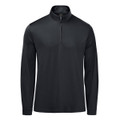 A black men's pullover with a 1/4 zip and long sleeves, featuring a branding logo.