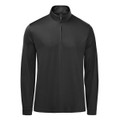 A black men's pullover featuring a 1/4 zip and long sleeves, with a simple design and branding.