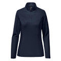 A navy women's pullover with a quarter zip and long sleeves. The design includes a logo on the garment.