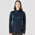 A navy women's pullover featuring a 1/4 zip and long sleeves, designed for casual wear. It has a logo.