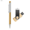A bamboo pen and a wooden USB drive with a metallic clip, both presented in a sleek design.
